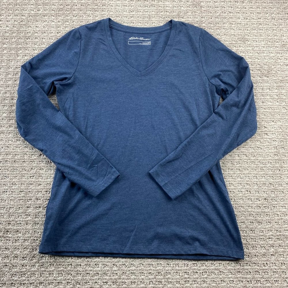 Eddie Bauer Shirt Women Small S Blue V-Neck Long Sleeve T-Shirt Cotton Polyester